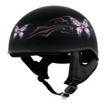 Hot Leathers HLD1052 DOT Skull Cap Half Helmet – Flat Black with Purple Butterfly Design Bikers