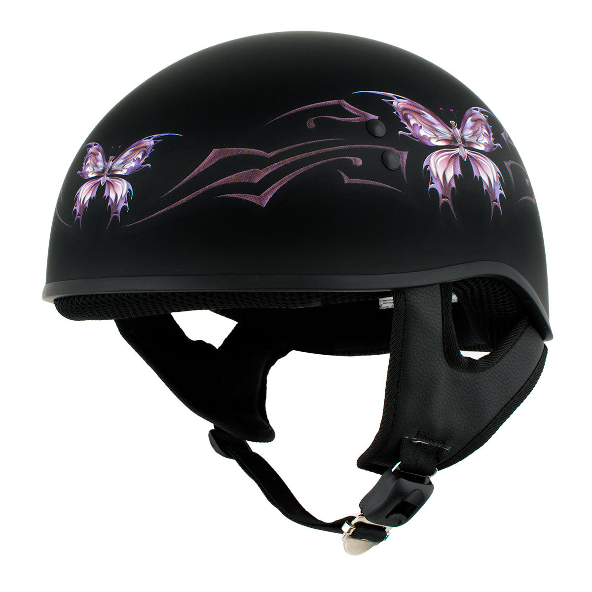 Hot Leathers HLD1052 DOT Skull Cap Half Helmet – Flat Black with Purple Butterfly Design Bikers