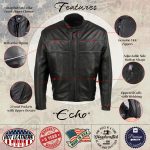 Hot Leathers JKM5003 USA Made Men’s ‘Echo’ Premium Black Leather Motorcycle Jacket with Reflective Piping - Image 2