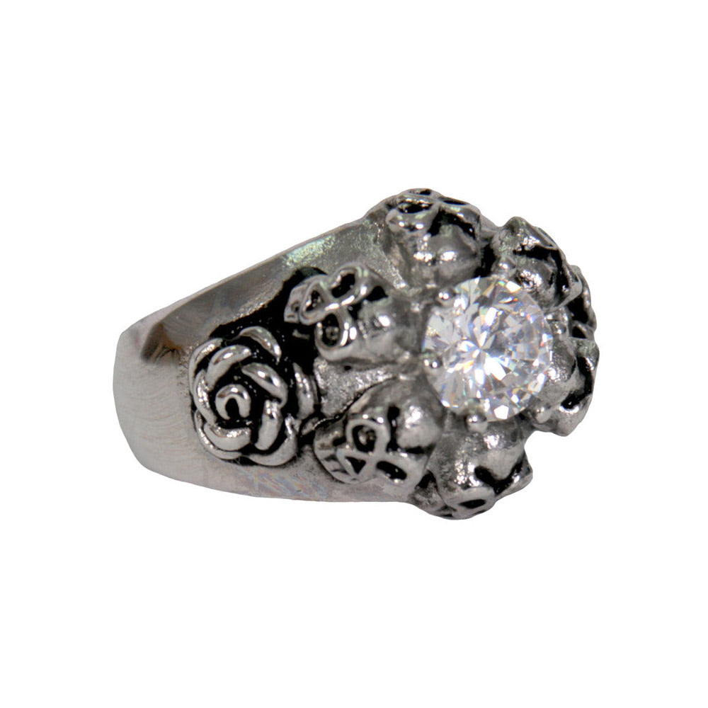 Hot Leathers JWR1127 Women’s Silver ‘Six Skull and Roses’ Stainless Steel Ring