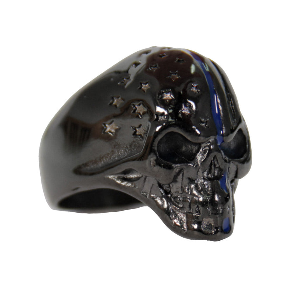 Hot Leathers JWR2130 Men’s Black ‘Police Flag Skull’ Stainless Steel Ring