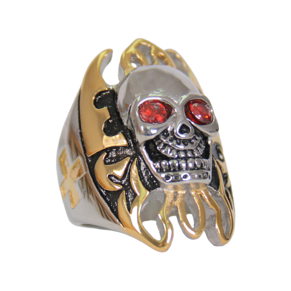 Hot Leathers JWR2220 Men’s Silver ‘Skull and Gold Tone Flames’ Stainless Steel Ring