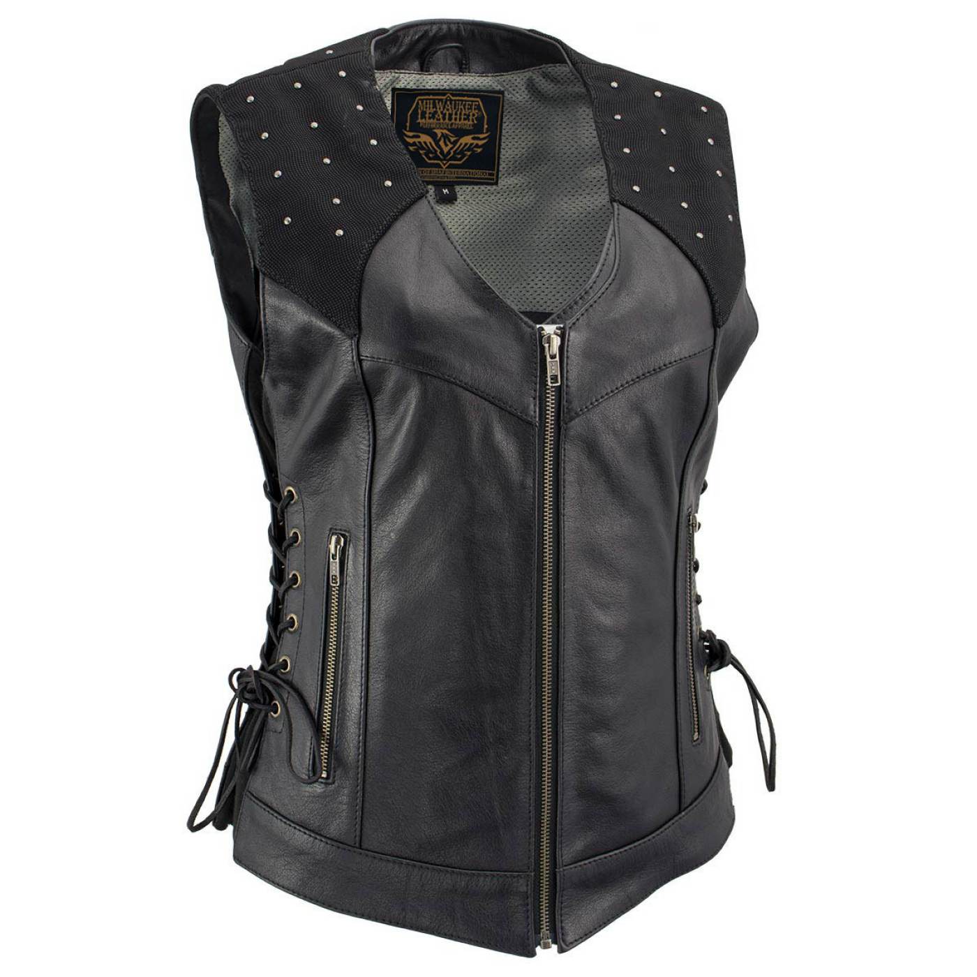 Milwaukee Leather Women’s Winged Black Studded Leather Motorcycle Vest with Reflective Wings – LKL4715
