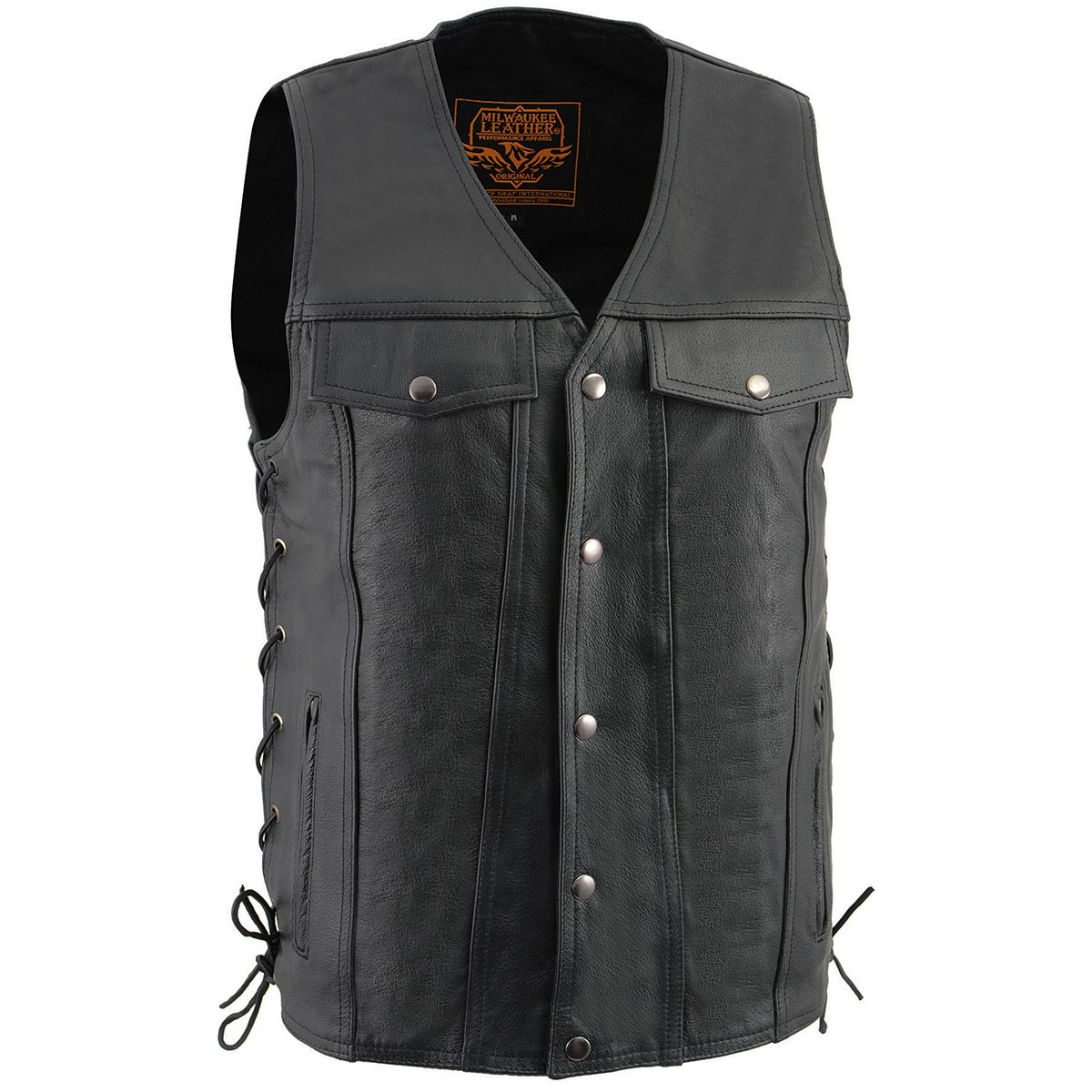 Milwaukee Leather LKM1360 Men’s Classic Black Leather V-Neck Motorcycle Rider Vest w/ Adjustable Side Laces