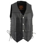 Milwaukee Leather LKM3701 Men’s Black Leather Classic V-Neck Motorcycle Rider Vest w/ Buffalo Snaps and Side Laces