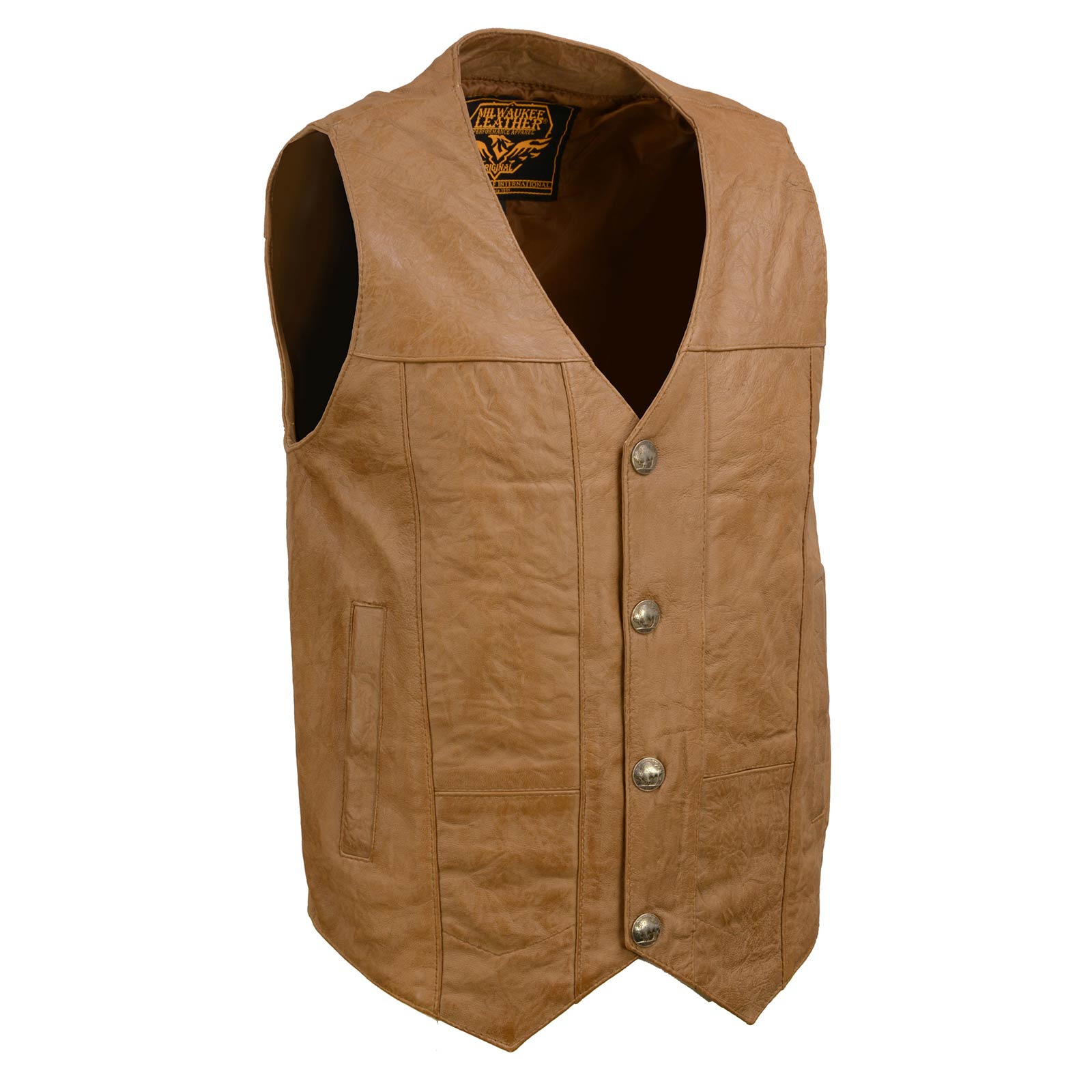 Milwaukee Leather LKM3702 Men’s Saddle Leather Classic V-Neck Western Style Motorcycle Rider Vest w/ Buffalo Snaps