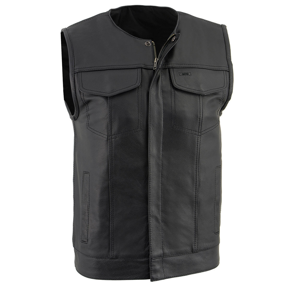 Milwaukee Leather LKM3711 Men’s Black Leather Collarless Club Style Motorcycle Rider Vest w/ Dual Front Closure