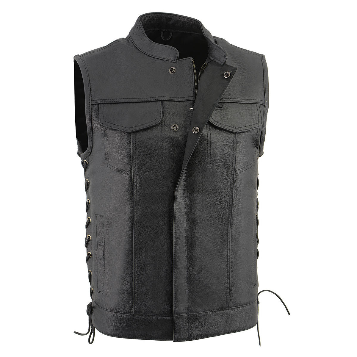 Milwaukee Leather LKM3712 Men’s Black Leather Club Style Motorcycle Rider Vest w/ Front Snap/Zipper and Side Lace