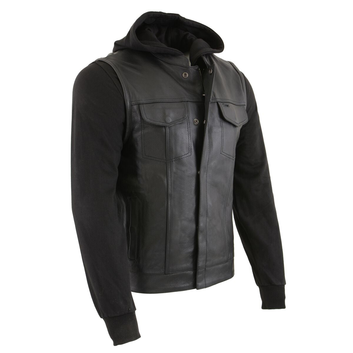 Milwaukee Leather LKM3714 Men’s Black Club Style ‘2 in 1’ Zipper Leather Vest with Removable Full Sleeve Hoodie