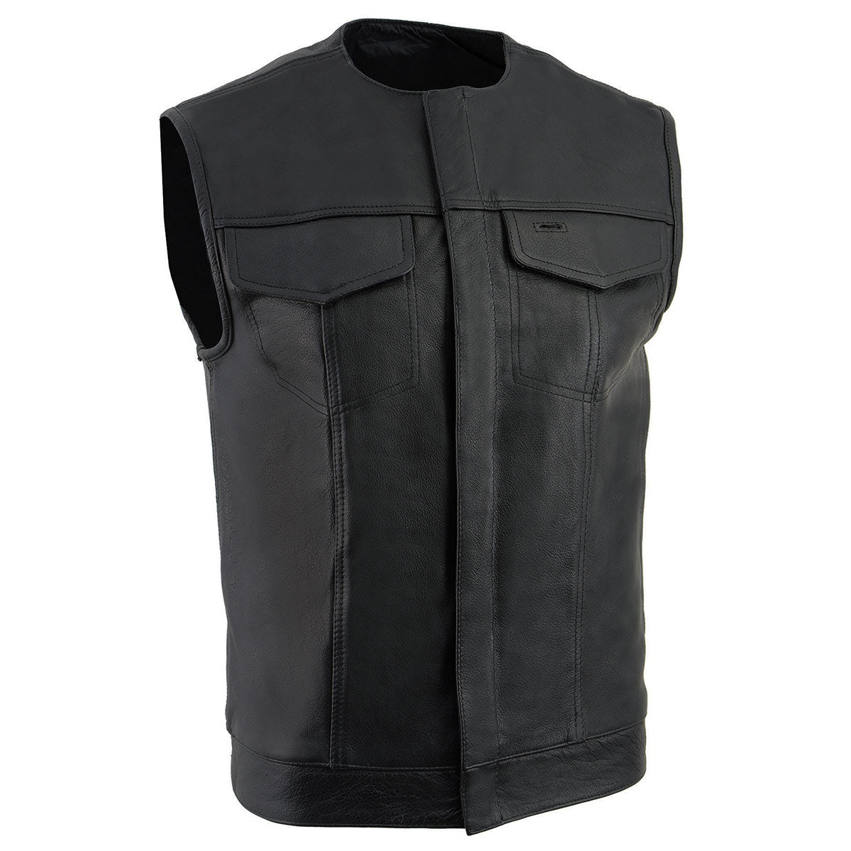 Milwaukee Leather LKM3721 Men’s Black Leather Collarless Club Style Motorcycle Rider Vest w/Concealed Snap Closure