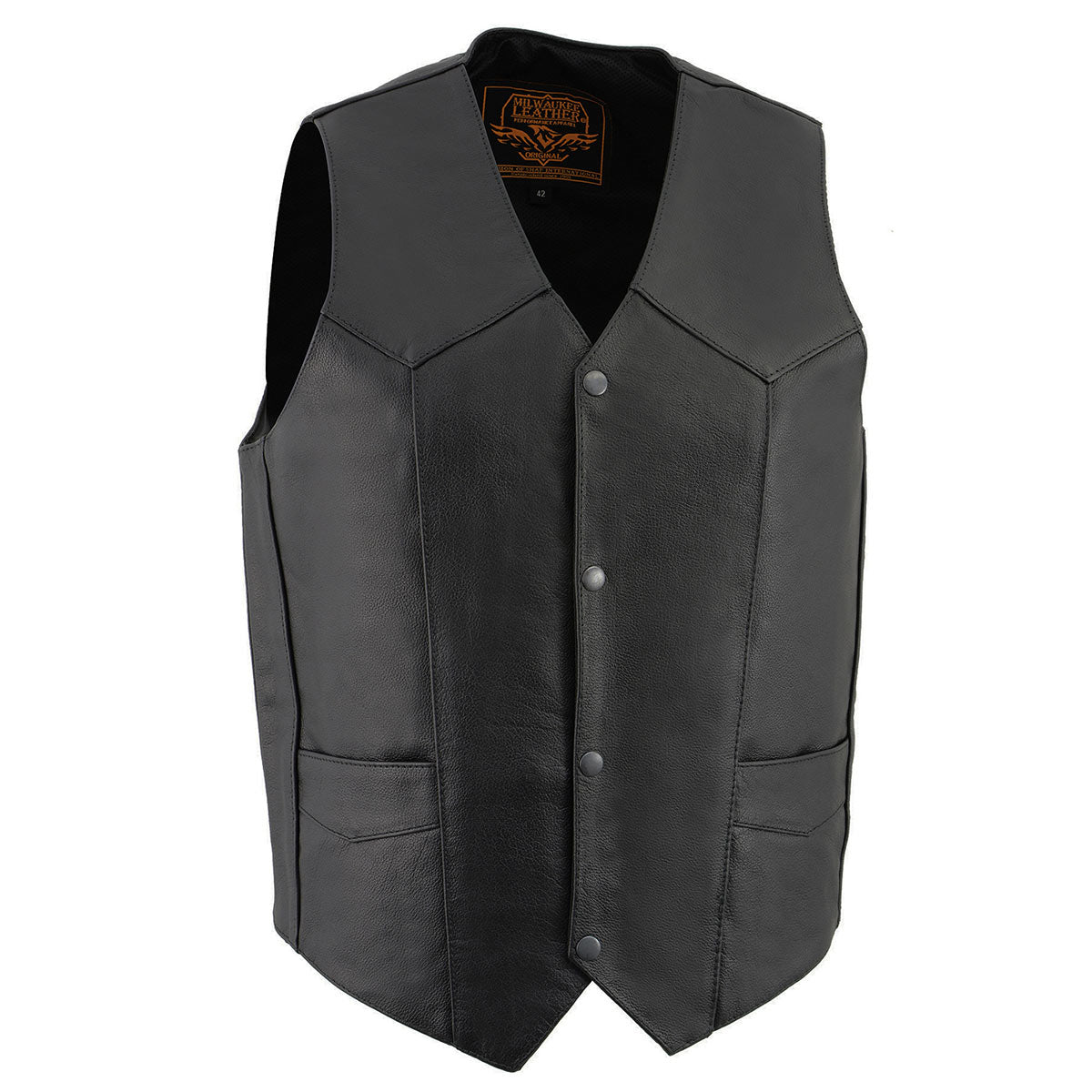 Milwaukee Leather LKM3730 Men’s Black Leather Western Style V-Neck Motorcycle Rider Vest with Front Snap Closure