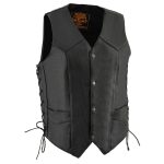 Milwaukee Leather LKM3731 Men’s Black Leather Classic Side Lace V-Neck Motorcycle Rider Vest w/ Front Snap Closure