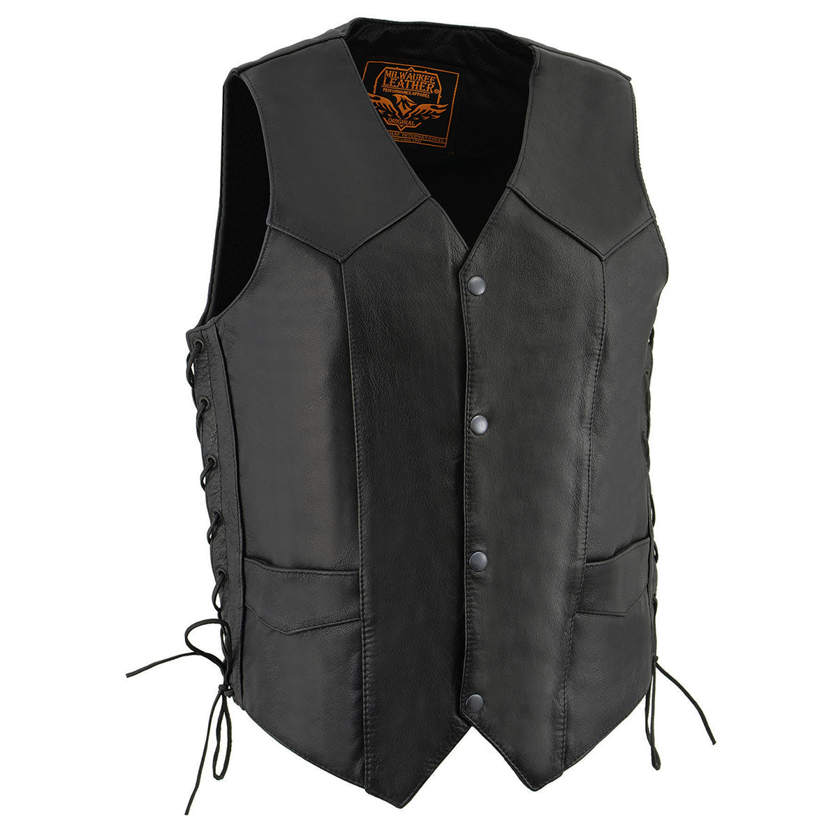 Milwaukee Leather LKM3731 Men’s Black Leather Classic Side Lace V-Neck Motorcycle Rider Vest w/ Front Snap Closure