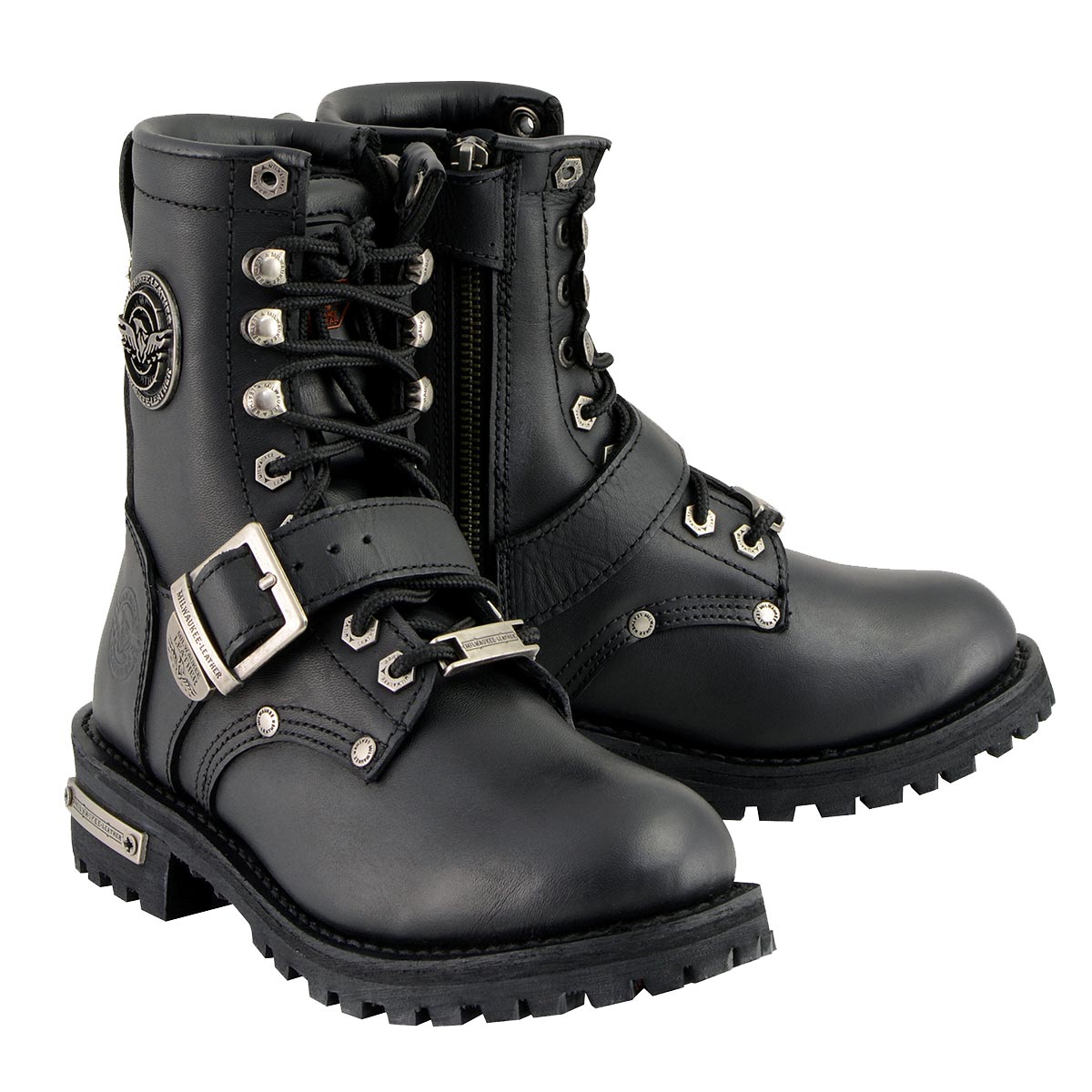 Milwaukee Leather MBL201 Women’s Black Leather Lace-Up Motorcycle Rider Boots w/ Buckles