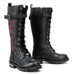 Milwaukee Leather MBL9356 Women’s Black 14″ Tall Motorcycle Boots Lace-Up High-Rise Pink Embroidered Leather Shoe