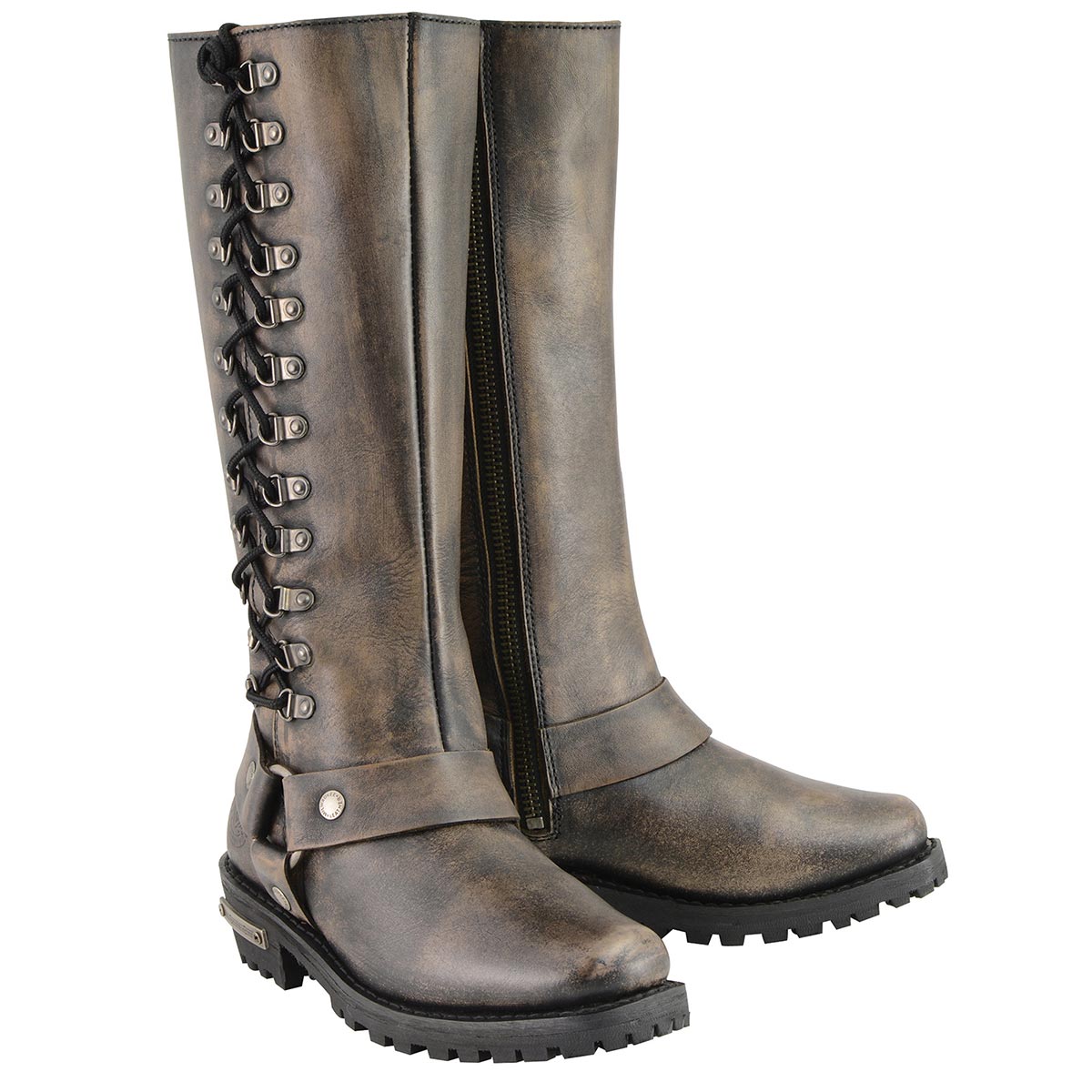 Milwaukee Leather Women’s Distressed Brown Leather 14-inch Classic Harness Square Toe Motorcycle Rider Boots MBL9368