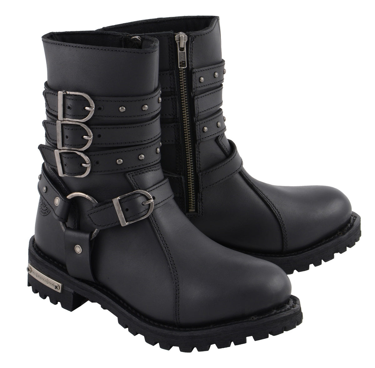Milwaukee Leather MBL9399 Women’s 9-Inch Triple Buckle Black Leather Harness Biker Boots w/ Side Zipper