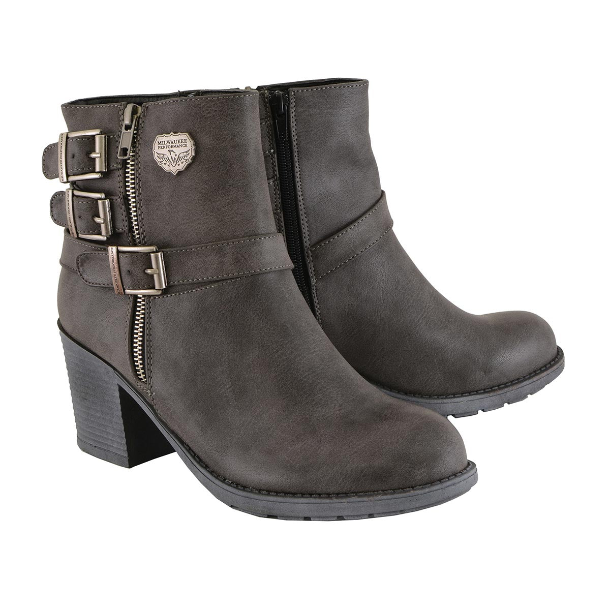 Milwaukee Leather MBL9406 Women’s Stone Grey 3-Buckle Leather Boots with Platform Heel