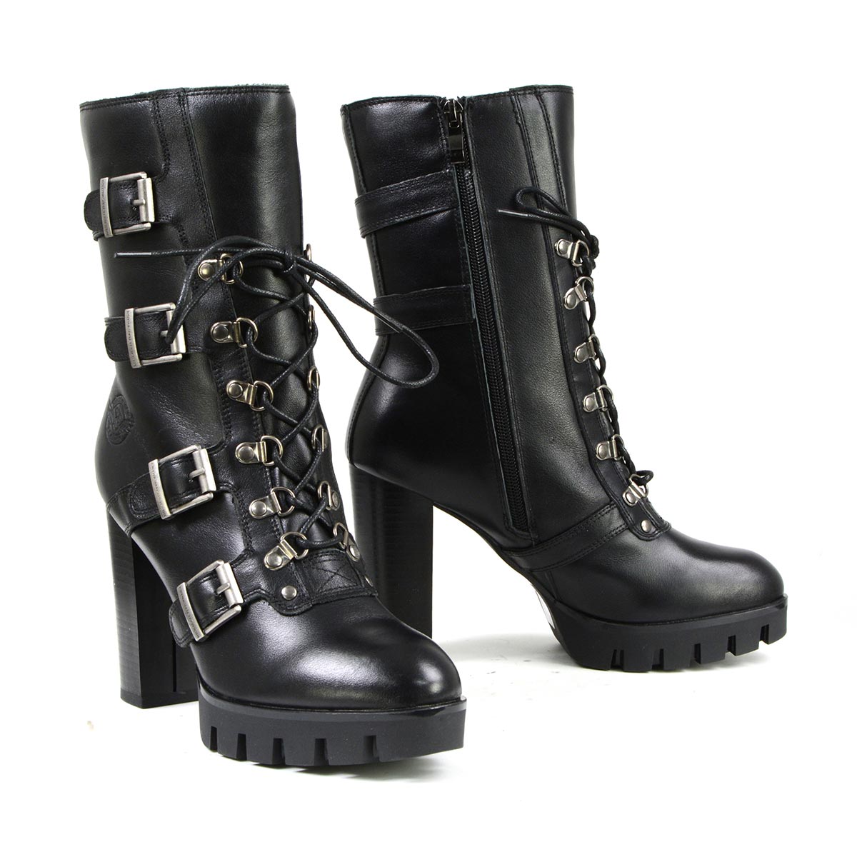Milwaukee Leather MBL9459 Women’s Premium Black Leather Buckles Platform Fashion Boots with Lace-Up Closure