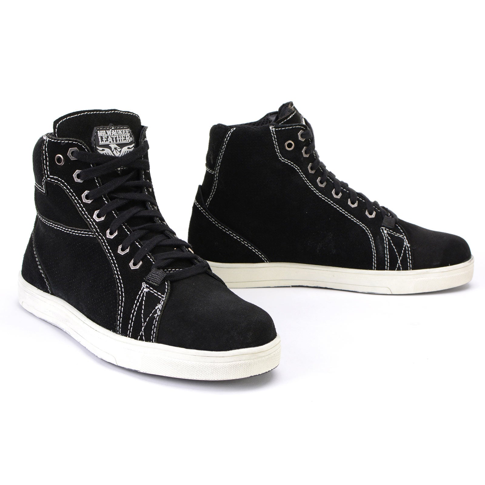 Milwaukee Leather MBM9107 Men’s Black Suede Leather w/ White Stitching Reinforced Street Riding Shoes w/ Ankle Support