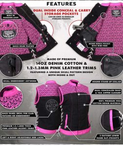 Milwaukee Leather MDL4051 Women’s ‘Skelly’ Black with Pink Motorcycle Denim Vest w/ Skull Embroidery - Image 2