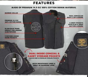 Milwaukee Leather MDM3000 Men’s ‘Brute’ Concealed Snap Black Denim Club Style Vest w/ Hidden Zipper - Image 2