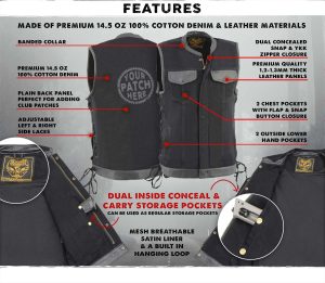 Milwaukee Leather MDM3011 Men’s Black ‘Hidden Zipper’ Side Lace Motorcycle Rider Denim Vest w/ Leather Trim - Image 2