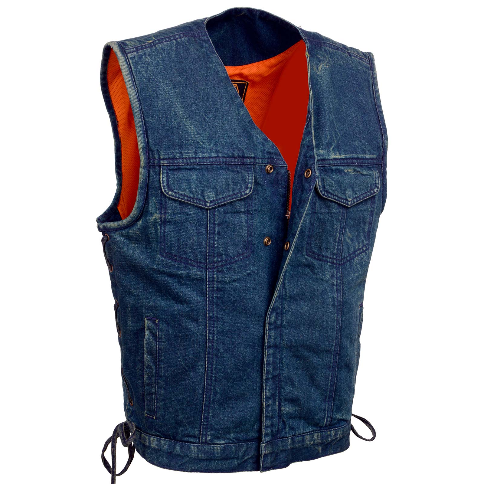 Milwaukee Leather MDM3013 Men’s ‘Brute’ Concealed Snap Blue Denim V-Neck Side Lace Club Style Vest w/Hidden Zipper