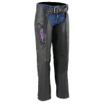 Milwaukee Leather Women’s Classic Black Premium Leather Motorcycle Chaps w/ Purple Wing Embroidery-ML1179