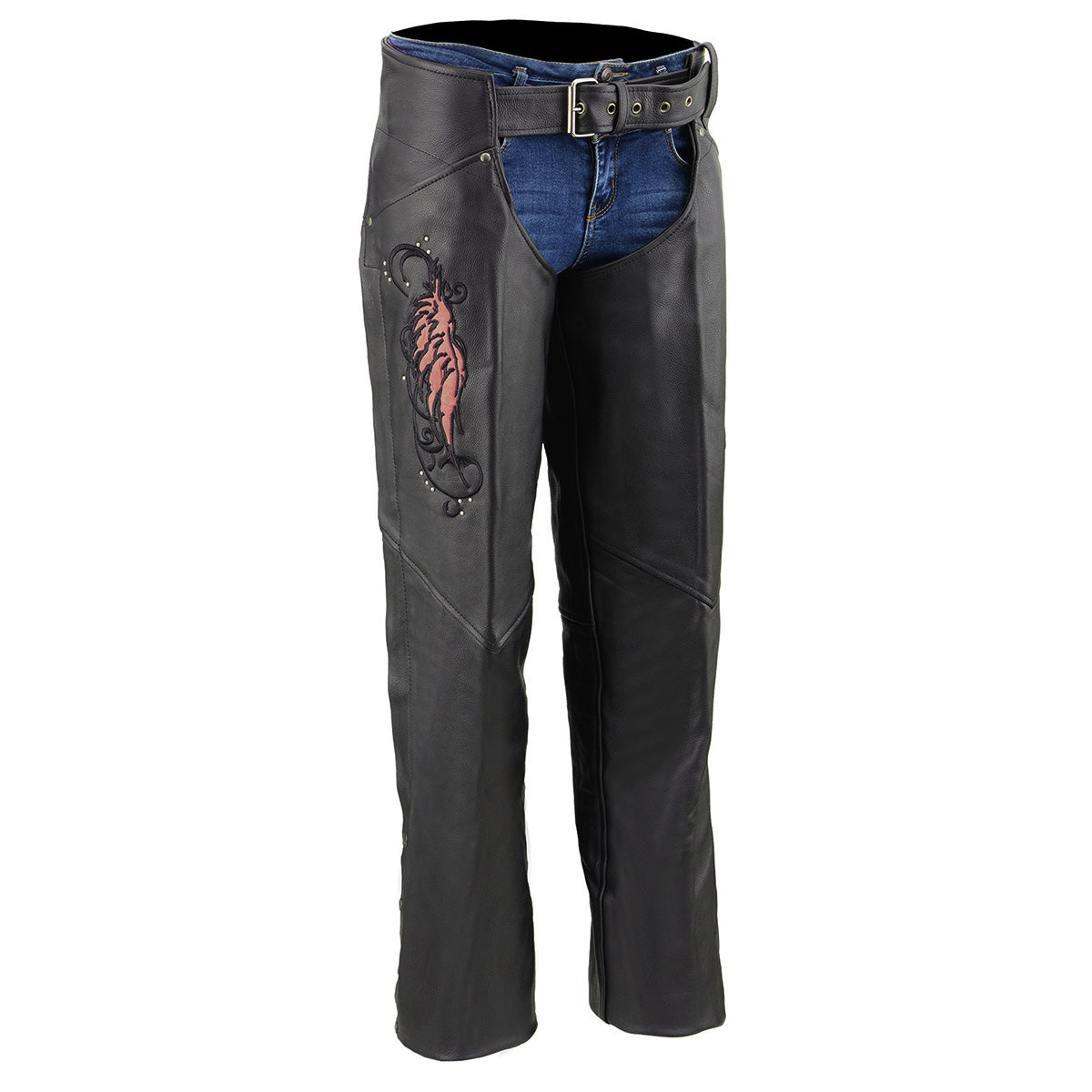 Milwaukee Leather Women’s Classic Black Premium Leather Motorcycle Chaps w/ Pink Wing Embroidery-ML1179