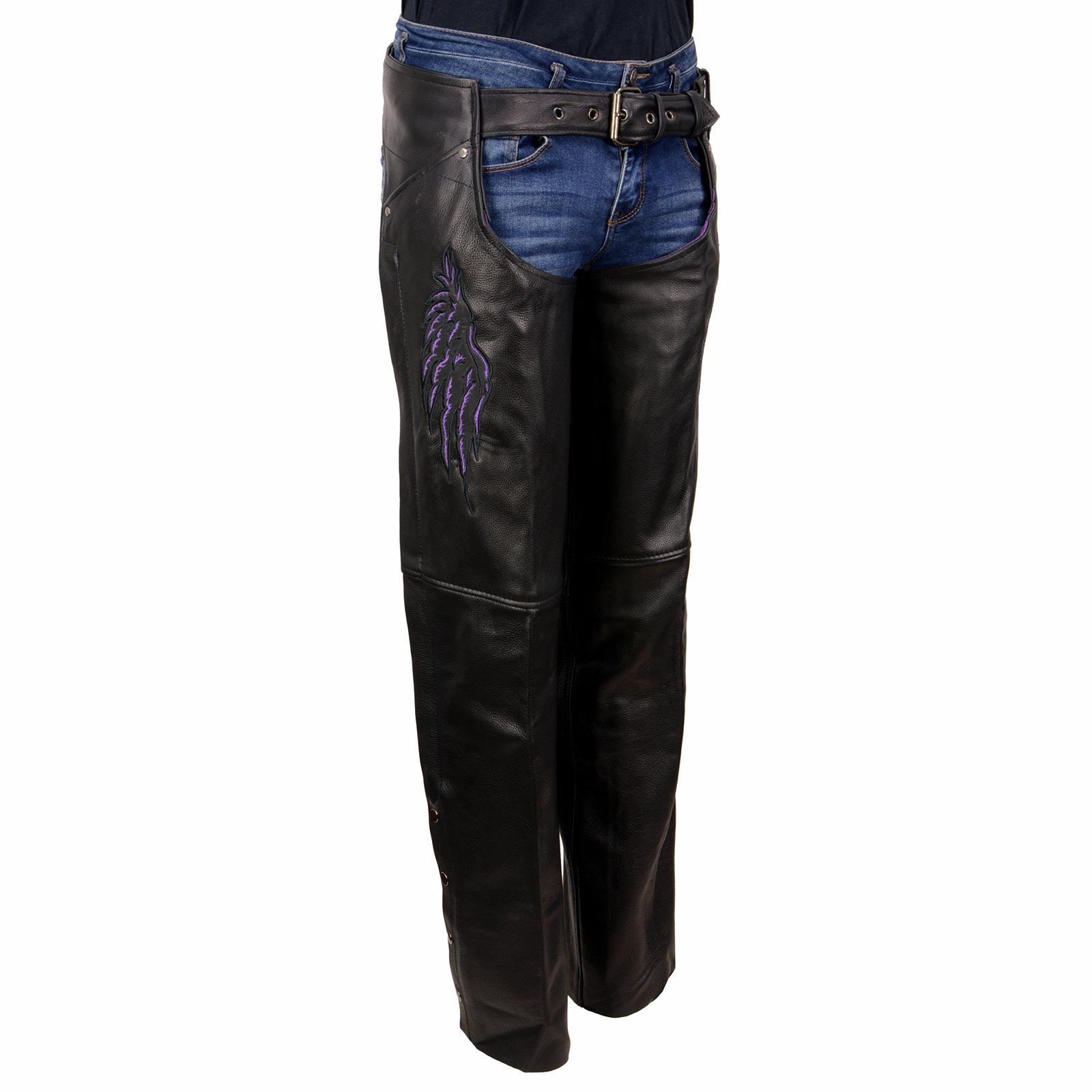 Milwaukee Leather ML1180 Women’s Black Leather Chaps with Reflective Wing Detail