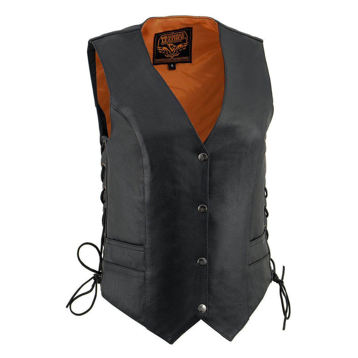 Milwaukee Leather ML1254 Women’s Black Premium Leather Side Lace Motorcycle Rider Vest w/ Milwaukee Leather Logo Snaps Closure