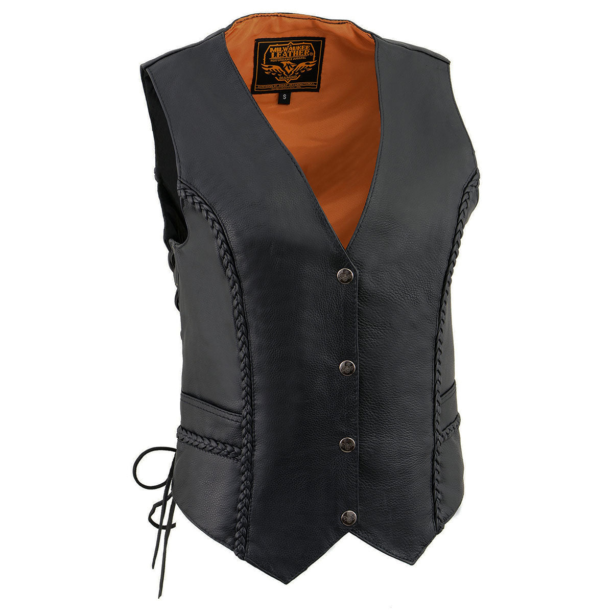 Milwaukee Leather ML1255 Women’s Black Braided Premium Leather Side Lace Motorcycle Rider Vest