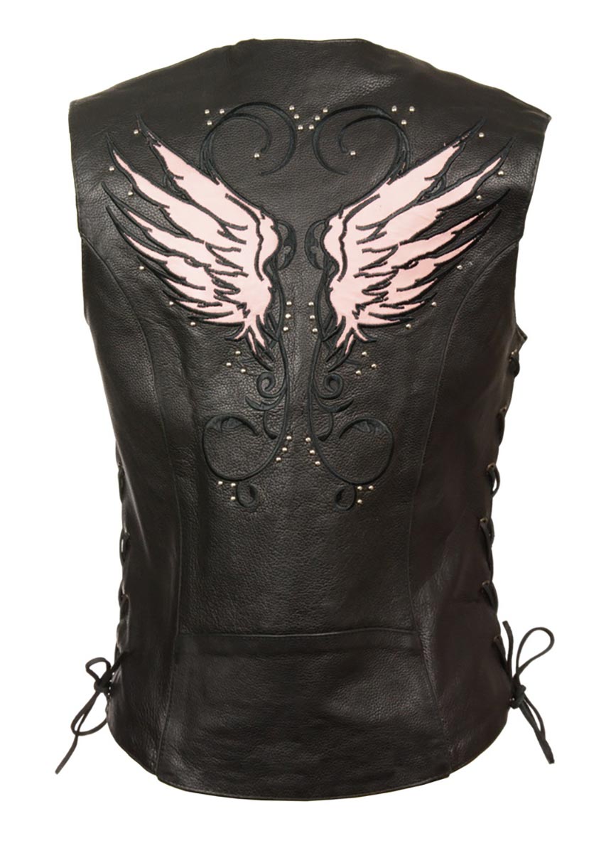 Milwaukee Leather ML1293 Women’s Black and Pink ‘Wing Studded’ Leather Vest