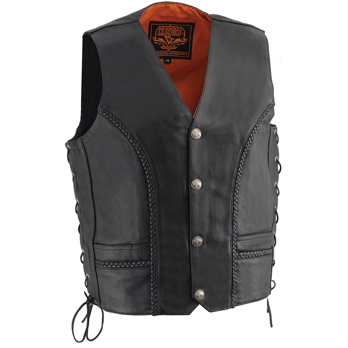 Milwaukee Leather ML1359 Men’s Black Premium Leather Side Lace Motorcycle Rider Vest w/ Buffalo Nickel Snaps Closure