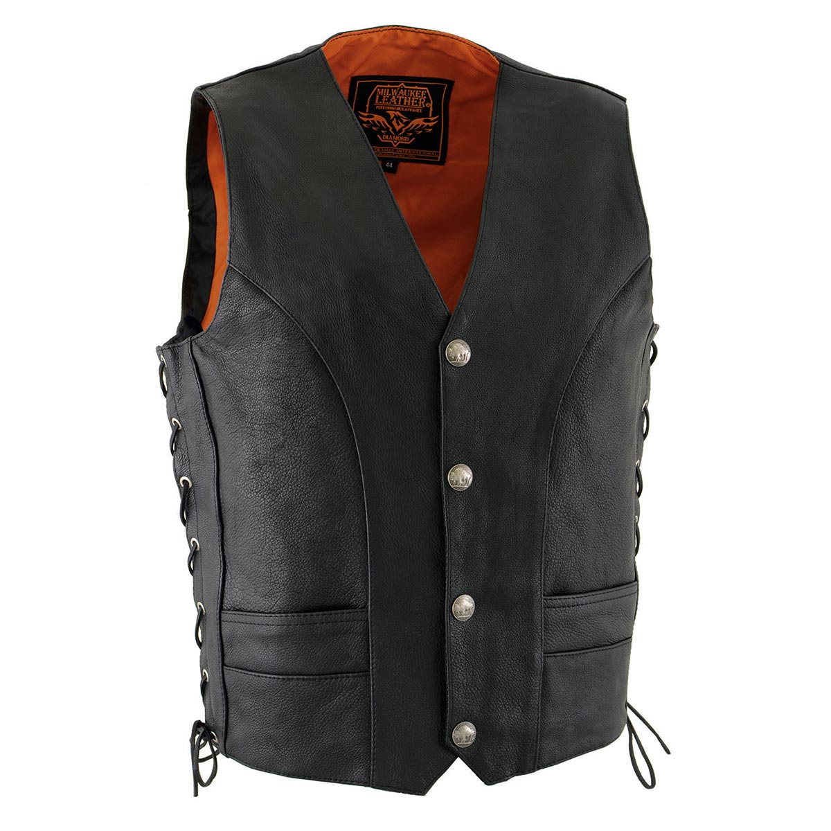 Milwaukee Leather ML1369 Men’s Black Premium Leather Side Lace Motorcycle Rider Vest w/ Buffalo Nickel Snaps Closure