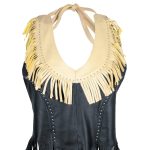 Genuine Leather ML1898 Ladies ‘Fringed’ Two Tone Black and Beige Leather Halter Top - Image 2