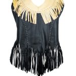 Genuine Leather ML1898 Ladies ‘Fringed’ Two Tone Black and Beige Leather Halter Top - Image 3