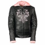 Milwaukee Leather ML2066 Women’s 3/4 Black and Pink Leather Hoodie Jacket with Reflective Tribal Design