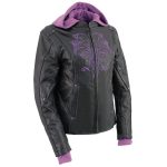 Milwaukee Leather ML2067 Women’s 3/4 Black and Purple Leather Hoodie Jacket with Reflective Tribal Design