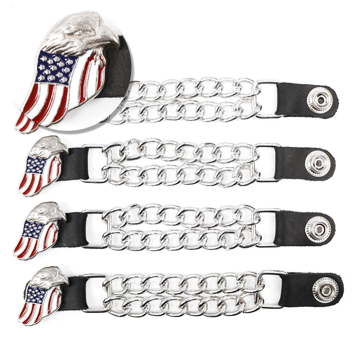 Milwaukee Leather Eagle Flag Medallion Vest Extender Double Chrome Chains Genuine Leather 6.5″ Long 4-PC MLA6005SET