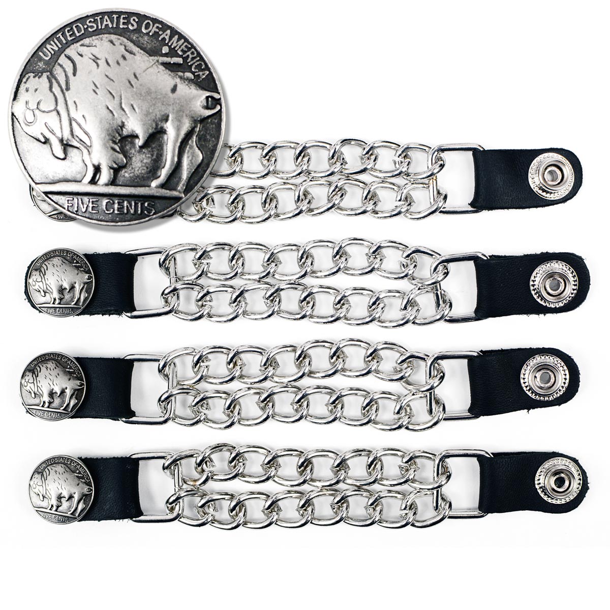 Milwaukee Leather 5 Cent Buffalo Medallion Vest Extender – Double Chrome Chains Genuine Leather 6.5″ Extension 4-PCS MLA6009SET