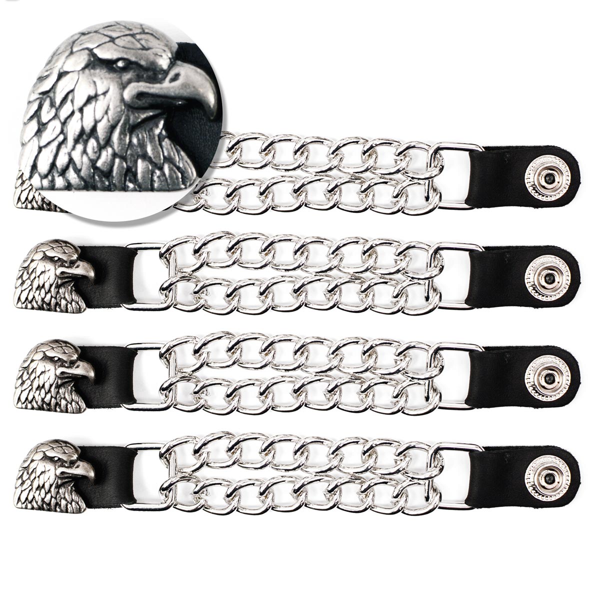 Milwaukee Leather Eagle Head Medallion Vest Extender – Double Chrome Chains Genuine Leather 6.5″ Extension 4-PCS MLA6011SET