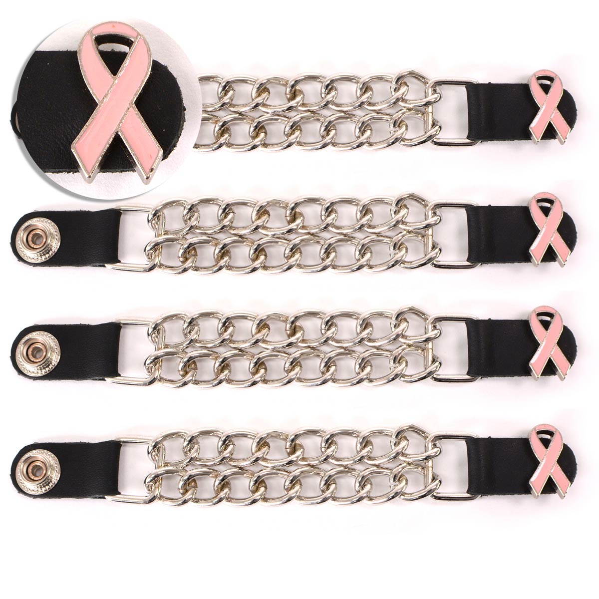 Milwaukee Leather Pink Ribbon Medallion Vest Extender – Double Chrome Chains Genuine Leather 6.5″ Extension 4-PCS MLA6021SET