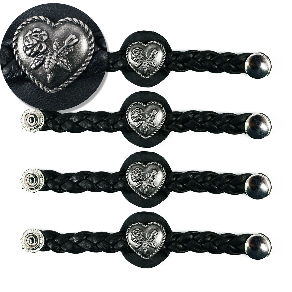 Milwaukee Leather Heart Medallion Vest Extender Genuine Leather Braided Strap 6.5″ Extension 4-PCS MLA6067SET