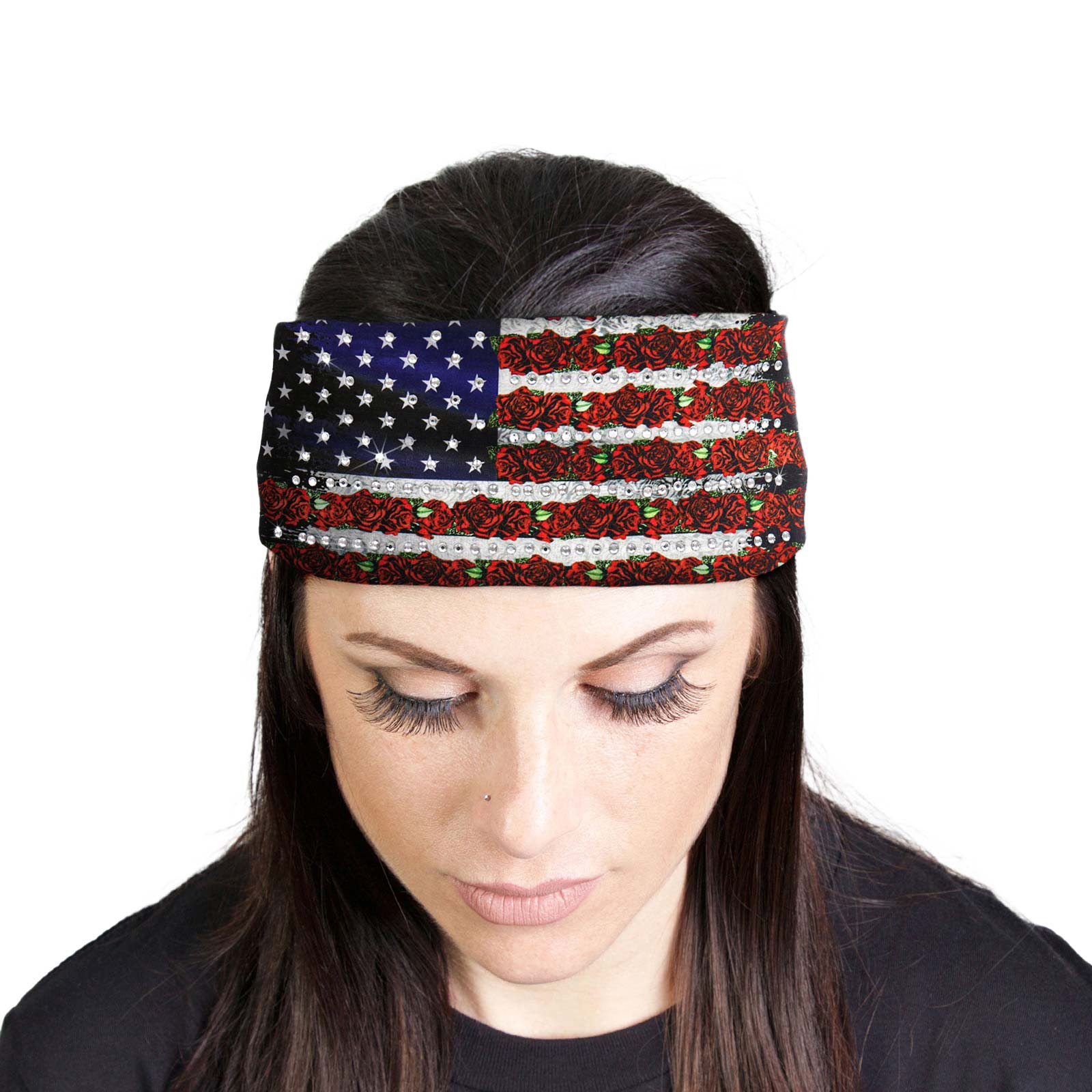 Milwaukee Leather | Bling Designed Wide Headbands-Headwraps for Women Biker Bandana with Flag Roses – MLA8021