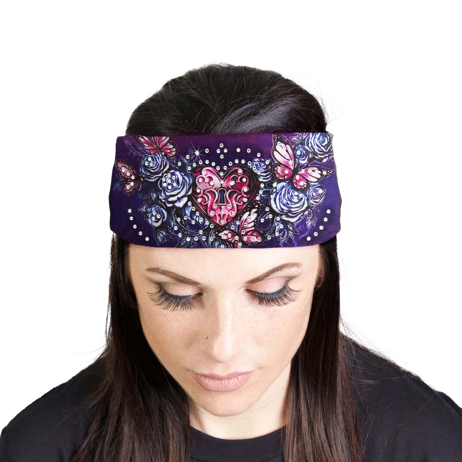 Milwaukee Leather | Bling Designed Wide Headbands-Headwraps for Women Biker Bandana with Heart Lock – MLA8025