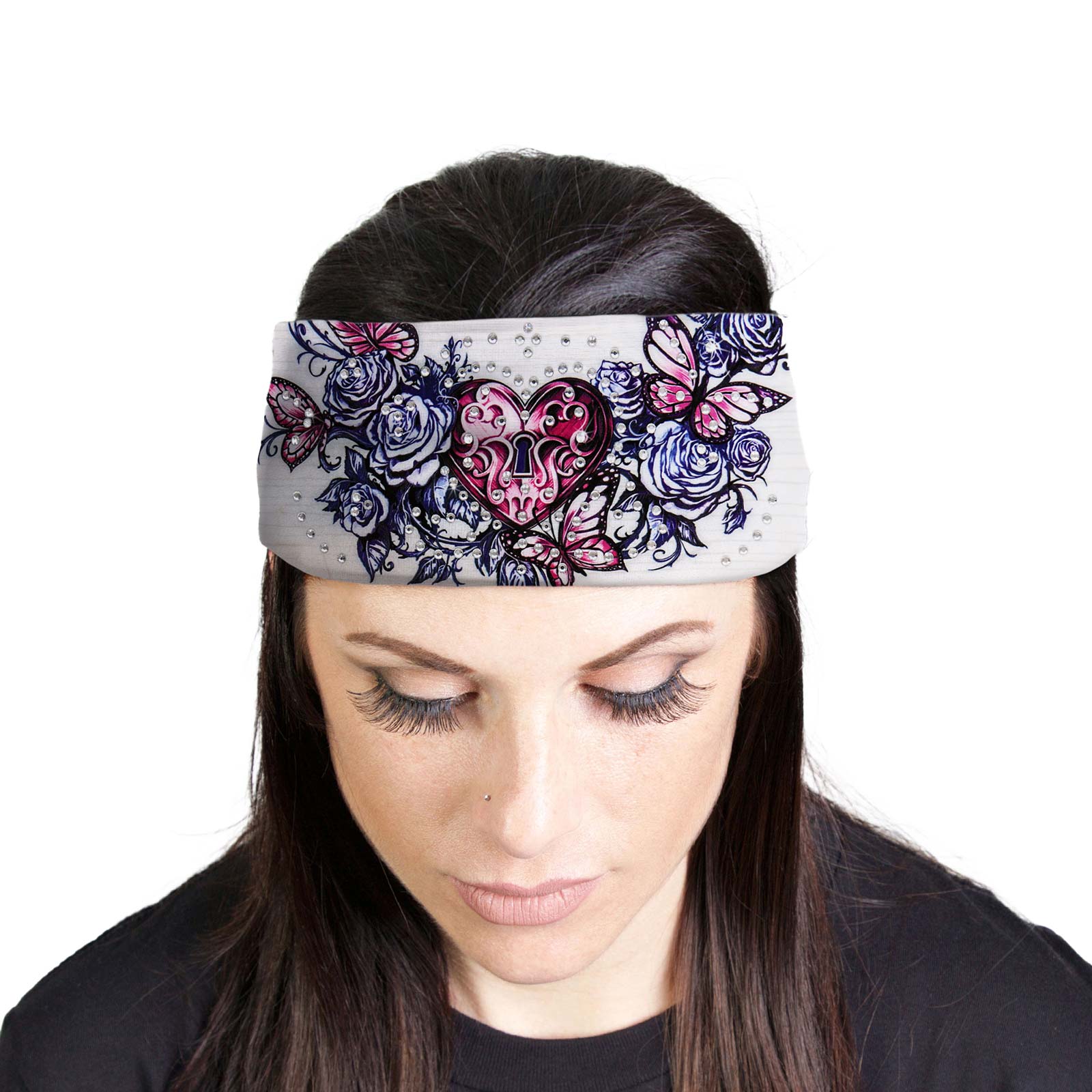 Milwaukee Leather | Bling Designed Wide Headbands-Headwraps for Women Biker Bandana with Heart Lock White – MLA8026