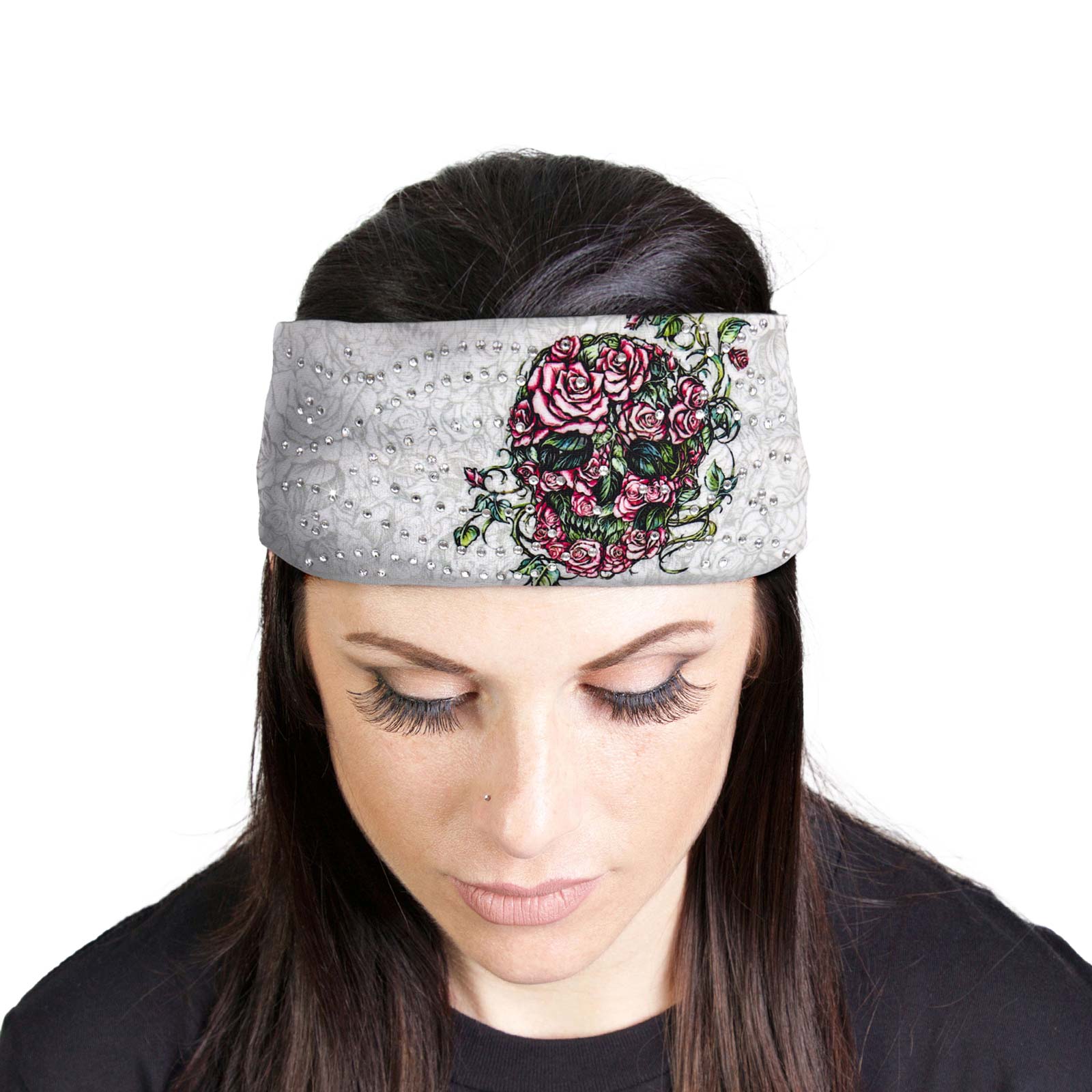 Milwaukee Leather | Bling Designed Wide Headbands-Headwraps for Women Biker Bandana with Rose Skull – MLA8038
