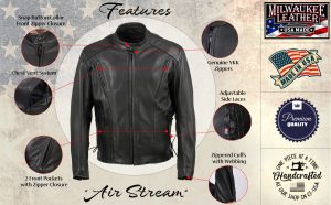 Milwaukee Leather USA MADE MLJKM5002 Men’s Black Air Stream Vented Premium Leather Motorcycle Jacket with Side Laces - Image 2